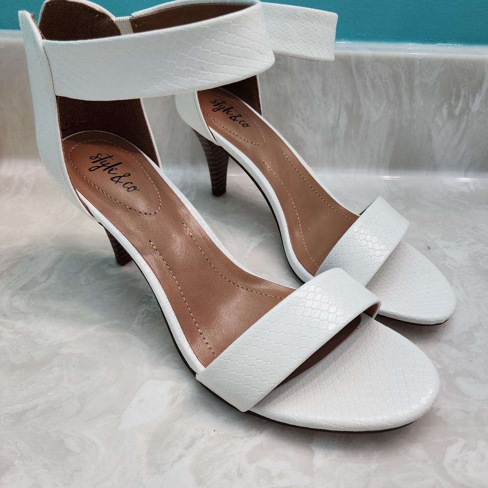Style & Co. White Ankle-Strap Heeled Sandals